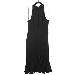 Good American Dress Womens 4 Black Satin Halter Midi Ruffle Evening Party Date